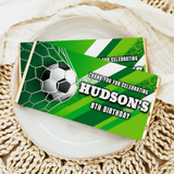 Soccer birthday chocolate bar wrapper, green with soccer ball and “Hudson's 8th Birthday”