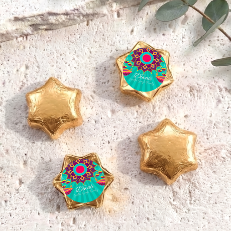 Foil-covered chocolate star set, gold foil with Diwali label chocolates