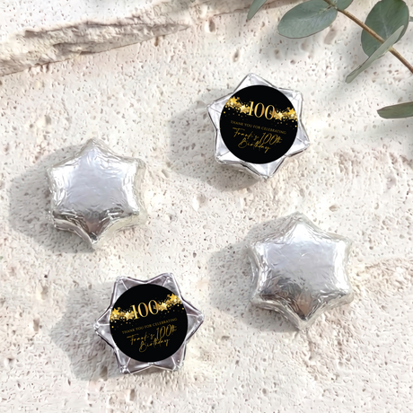 100Th Birthday Black Gold Stars Personalised Foil Covered Chocolate Stars