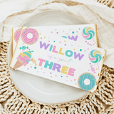 Birthday chocolate bar wrapper for Willow, donuts & crown, Sweet Three text