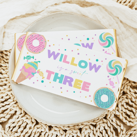 Birthday chocolate bar wrapper for Willow, donuts & crown, Sweet Three text