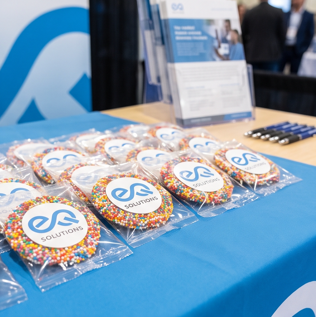 Assorted packaged giant sprinkle cookies with blue logo and colorful sprinkles in clear bags
