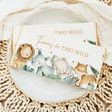 Two Wild birthday chocolate bar wrapper with watercolor wild animals and text “TWO WILD”