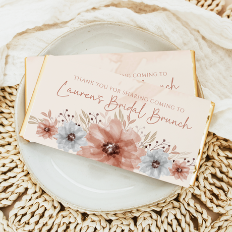 Watercolor floral bridal shower chocolate bar wrapper with thank you and brunch text