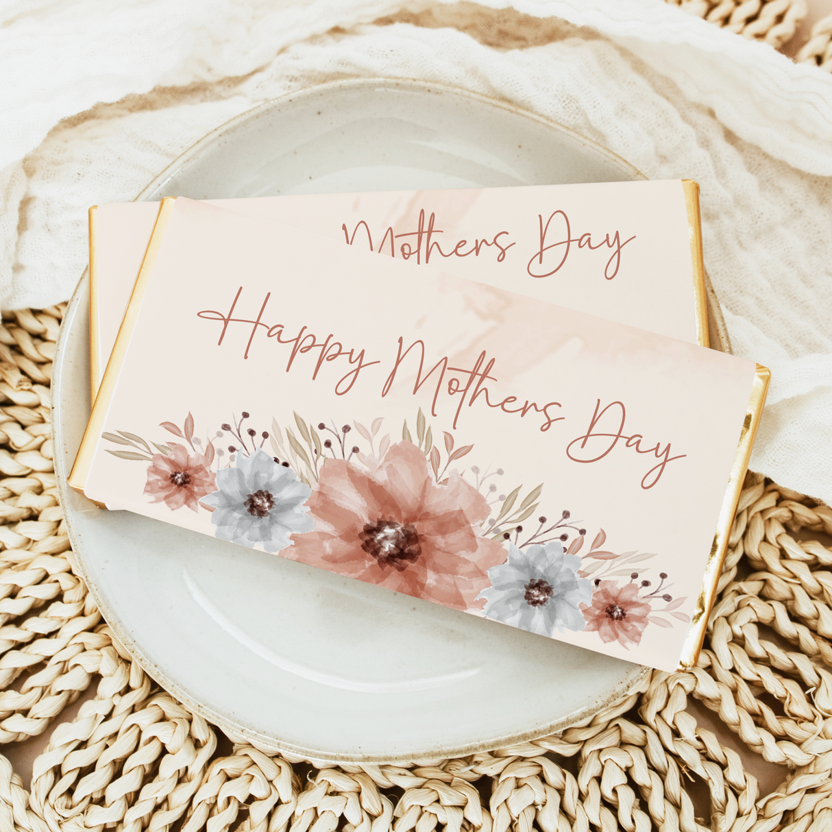 Mothers Day chocolate bar wrapper with pink watercolor florals and Happy Mothers Day text