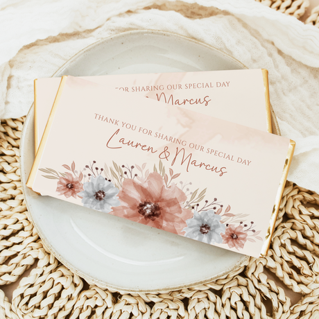 Wedding chocolate bar wrapper with watercolor florals and thank-you message