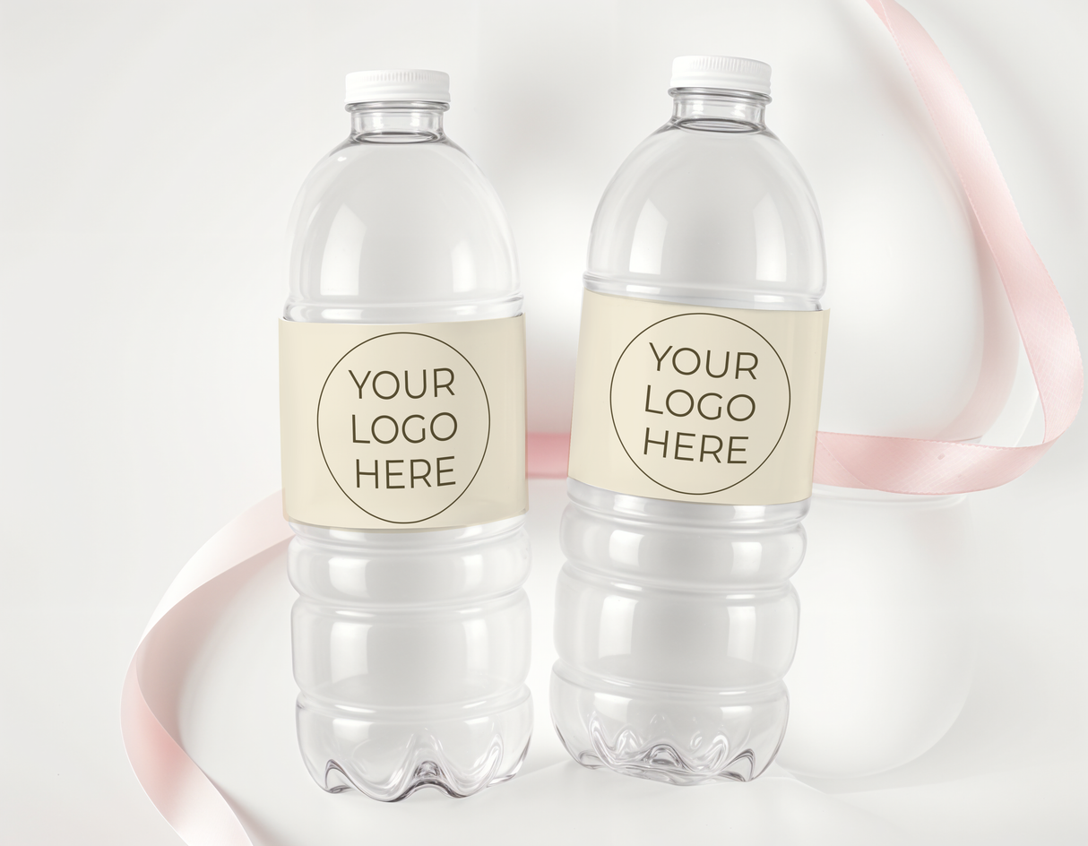 Personalised bottle labels with 'YOUR LOGO HERE' on clear water bottles, beige