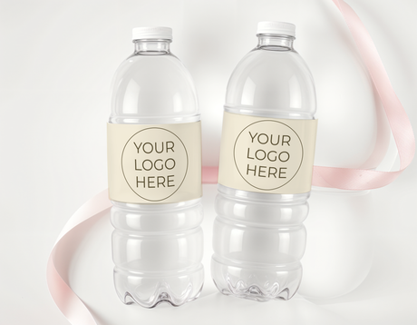 Personalised water bottle labels: 'YOUR LOGO HERE' on clear bottles