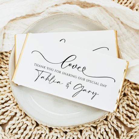 Wedding thank-you place card, black and white script on white background