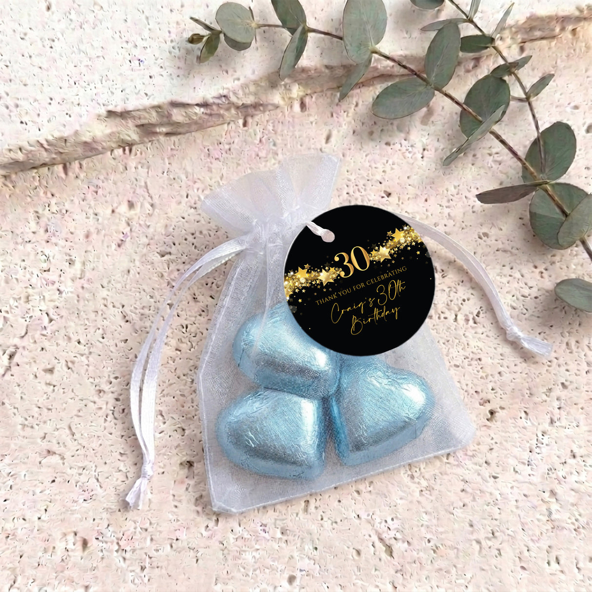 30Th Birthday Black Gold Stars Personalised Organza Bags with Chocolate Hearts