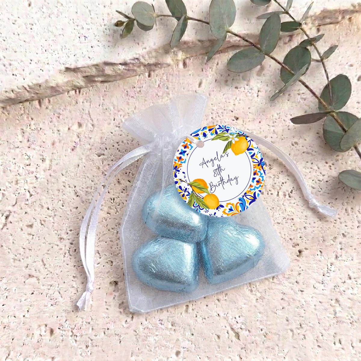 Amalfi Lemons 80th Birthday Personalised Organza Bags with Chocolate Hearts