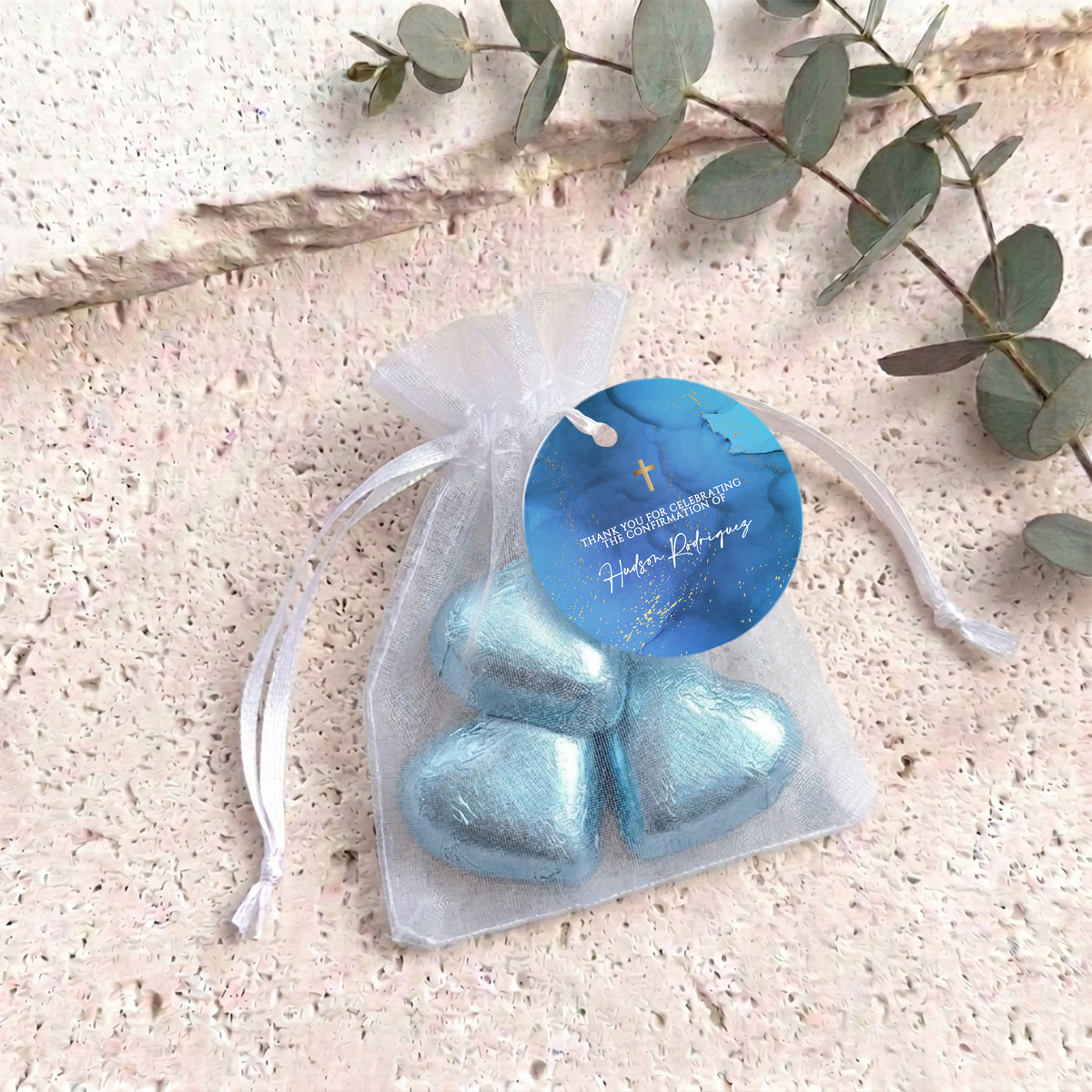 Deep Blue Gold Cross Confirmation Personalised Organza Bags with Chocolate Hearts