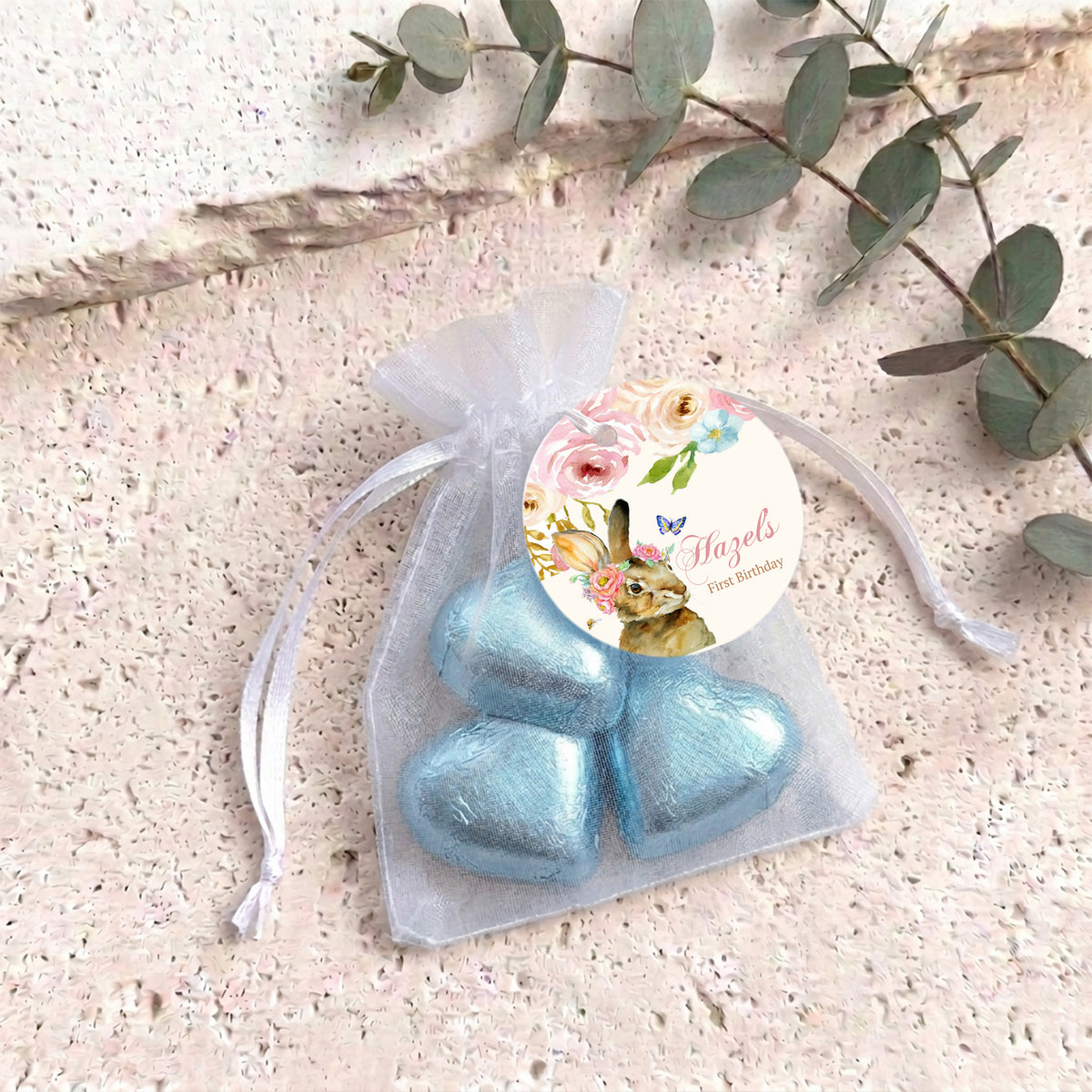 Floral Bunny First Birthday Personalised Organza Bags with Chocolate Hearts