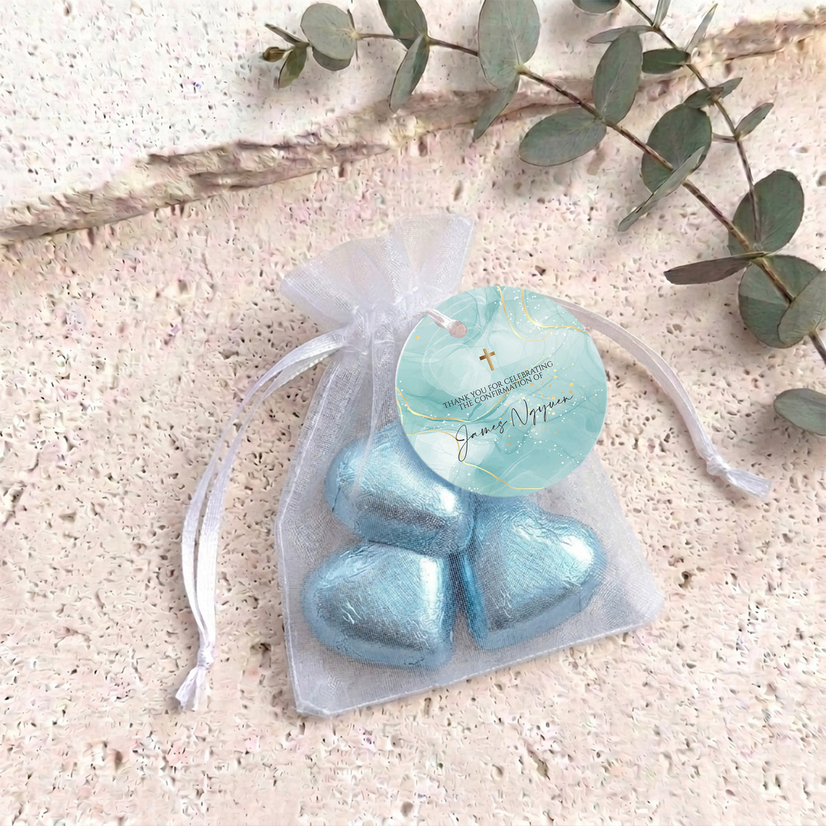 Green Gold Cross Confirmation Personalised Organza Bags with Chocolate Hearts