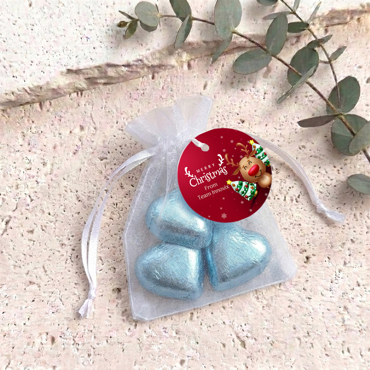Happy Reindeer Personalised Organza Bags with Chocolate Hearts