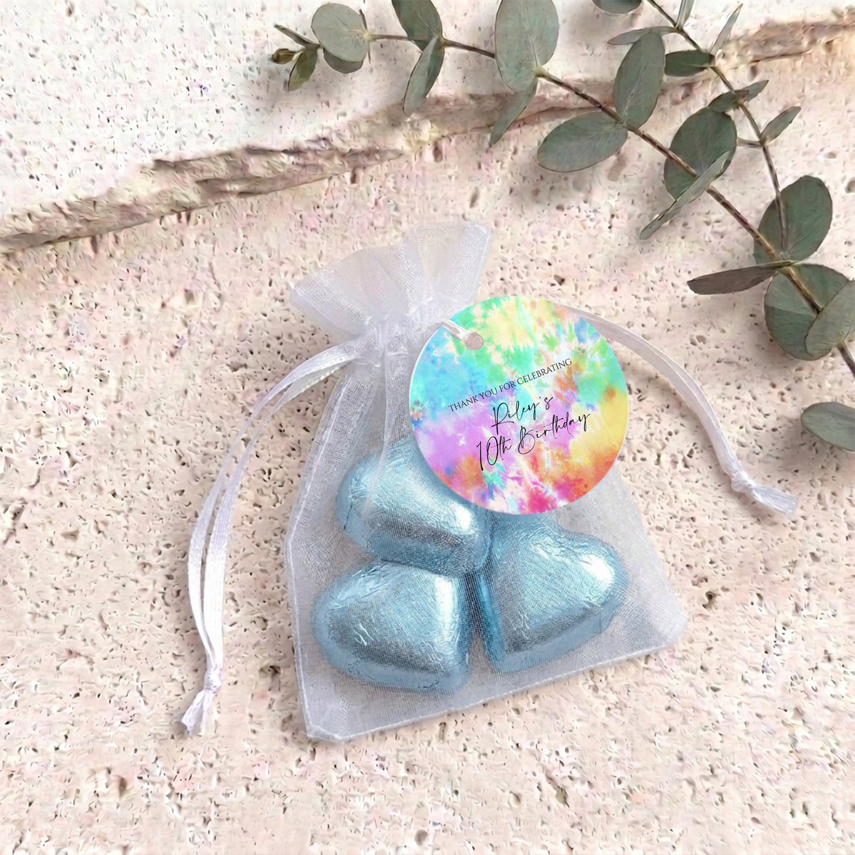 Kids Tie Dye Birthday Personalised Organza Bags with Chocolate Hearts