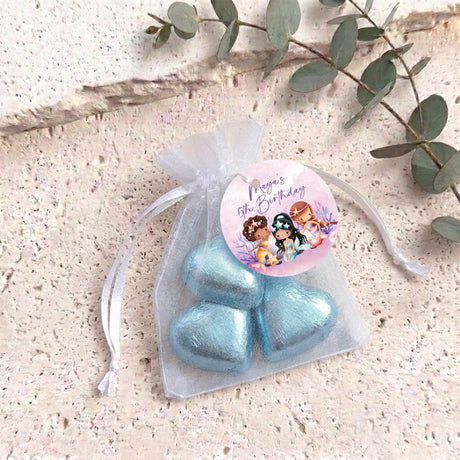 Personalised organza gift bag with heart chocolates, blue metallic drawstring pouch