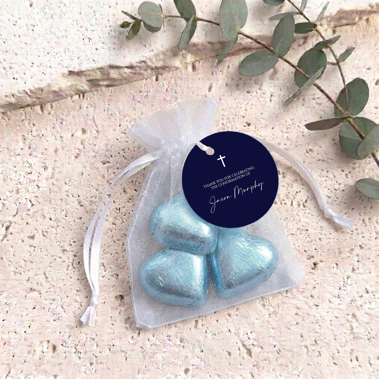Navy Blue White Cross First Holy Communion Personalised Organza Bags with Chocolate Hearts