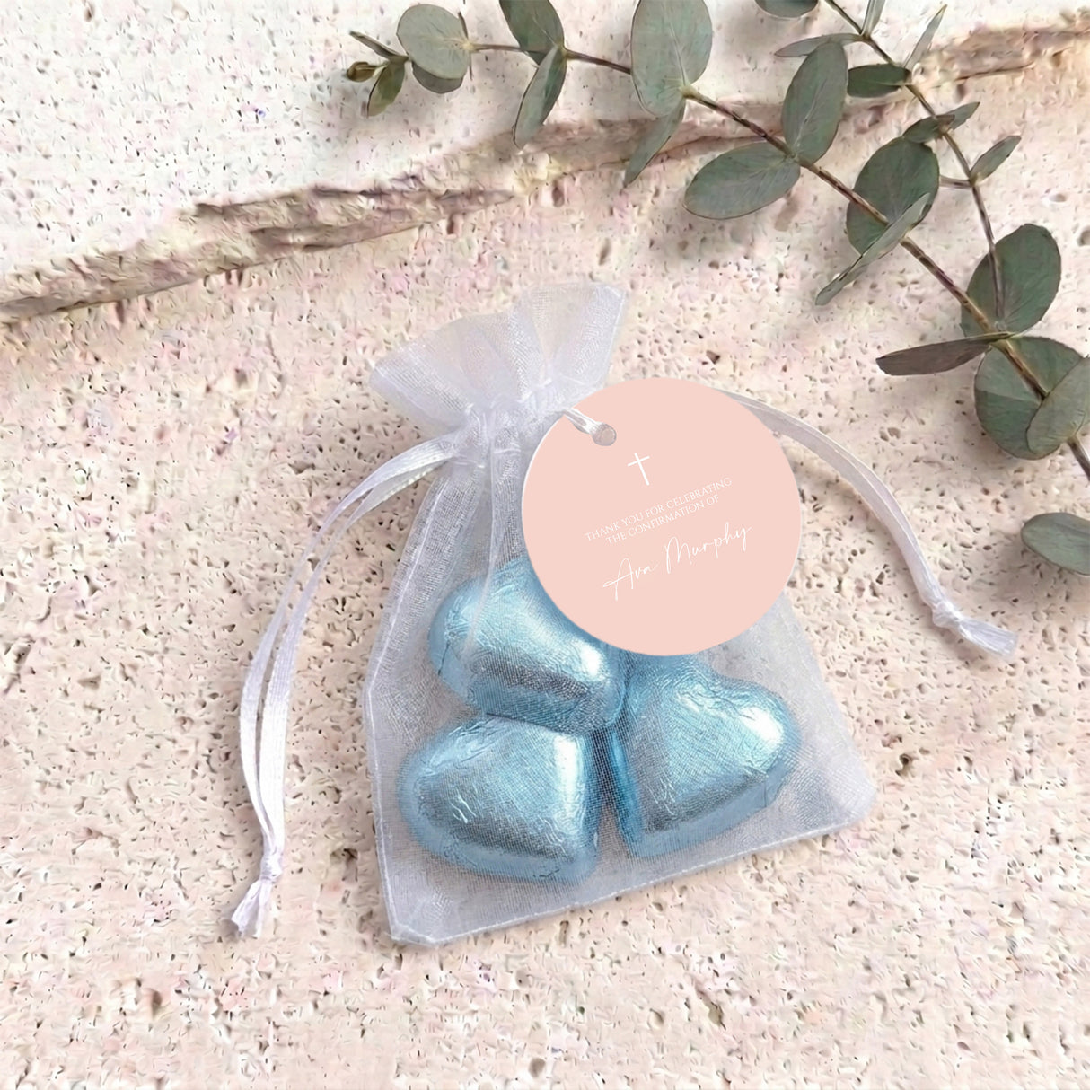 Pastel Peach White Cross Confirmation Personalised Organza Bags with Chocolate Hearts