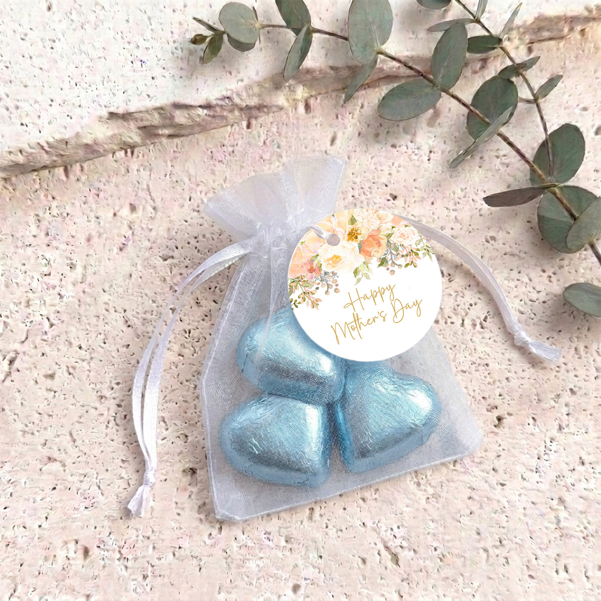 Peach Cream Roses Waterfall Mothers Day Personalised Organza Bags with Chocolate Hearts