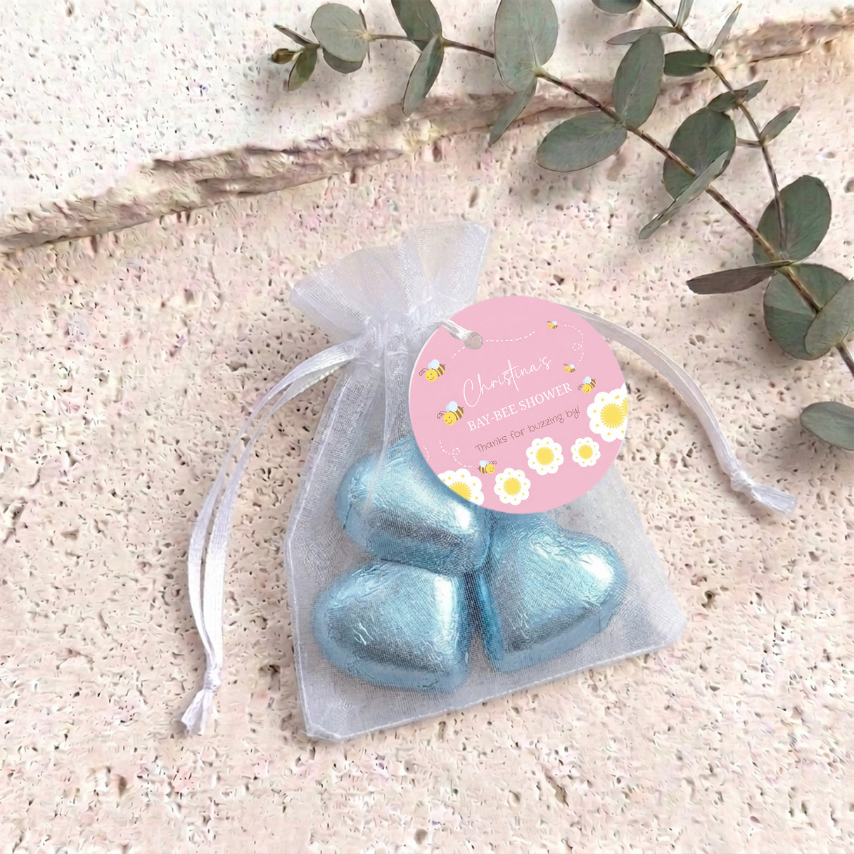 Pink Bumble Bee Baby Shower Personalised Organza Bags with Chocolate Hearts