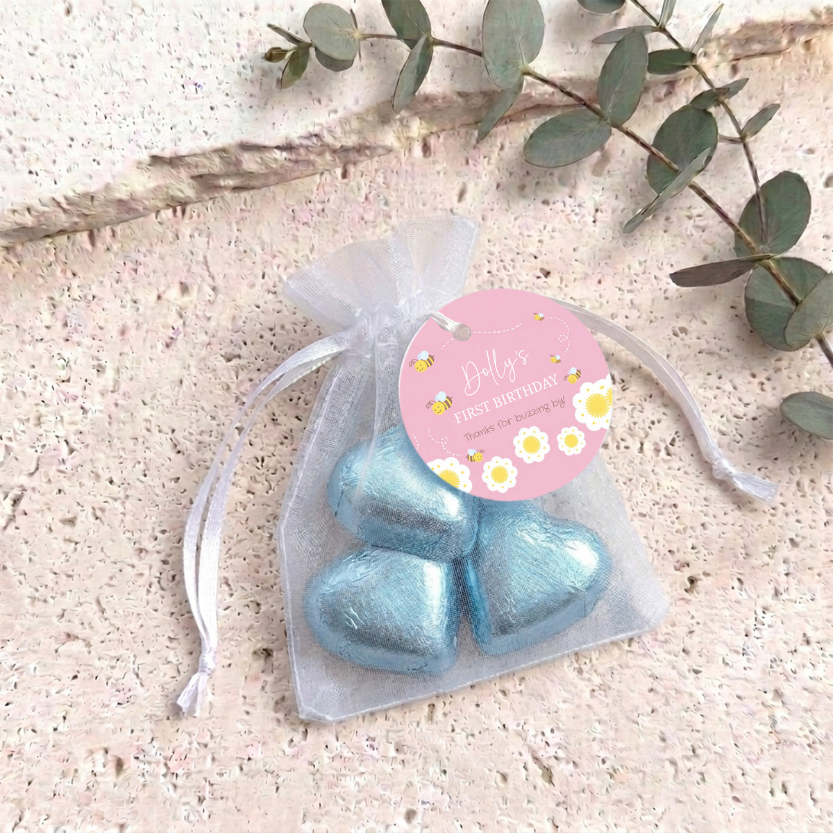 Pink Bumble Bee First Birthday Personalised Organza Bags with Chocolate Hearts
