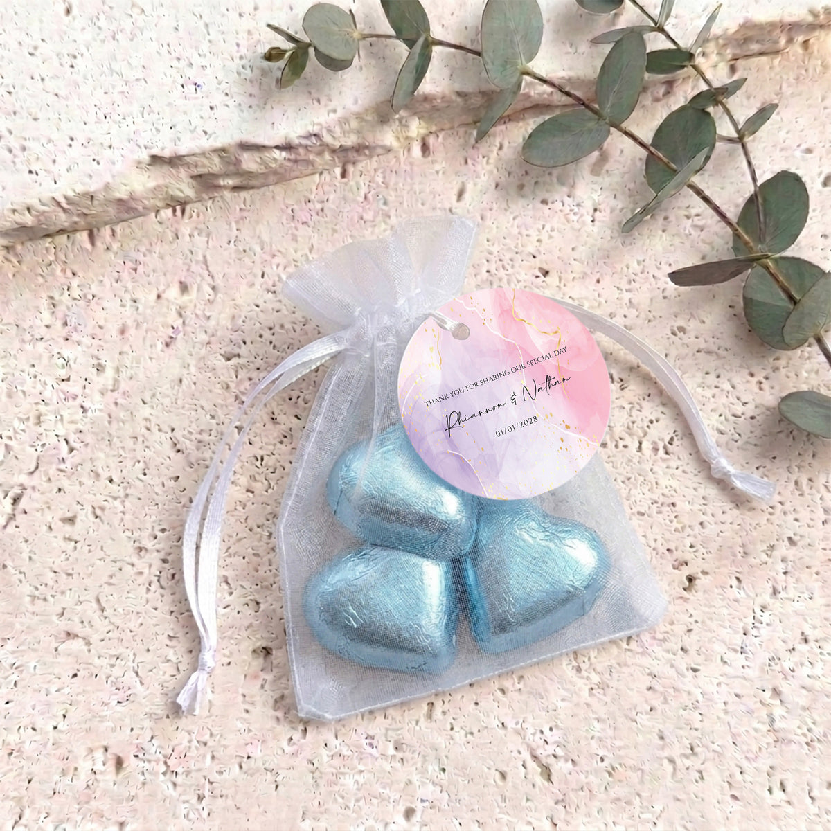 Pink Purple Marble Weddings Personalised Organza Bags with Chocolate Hearts