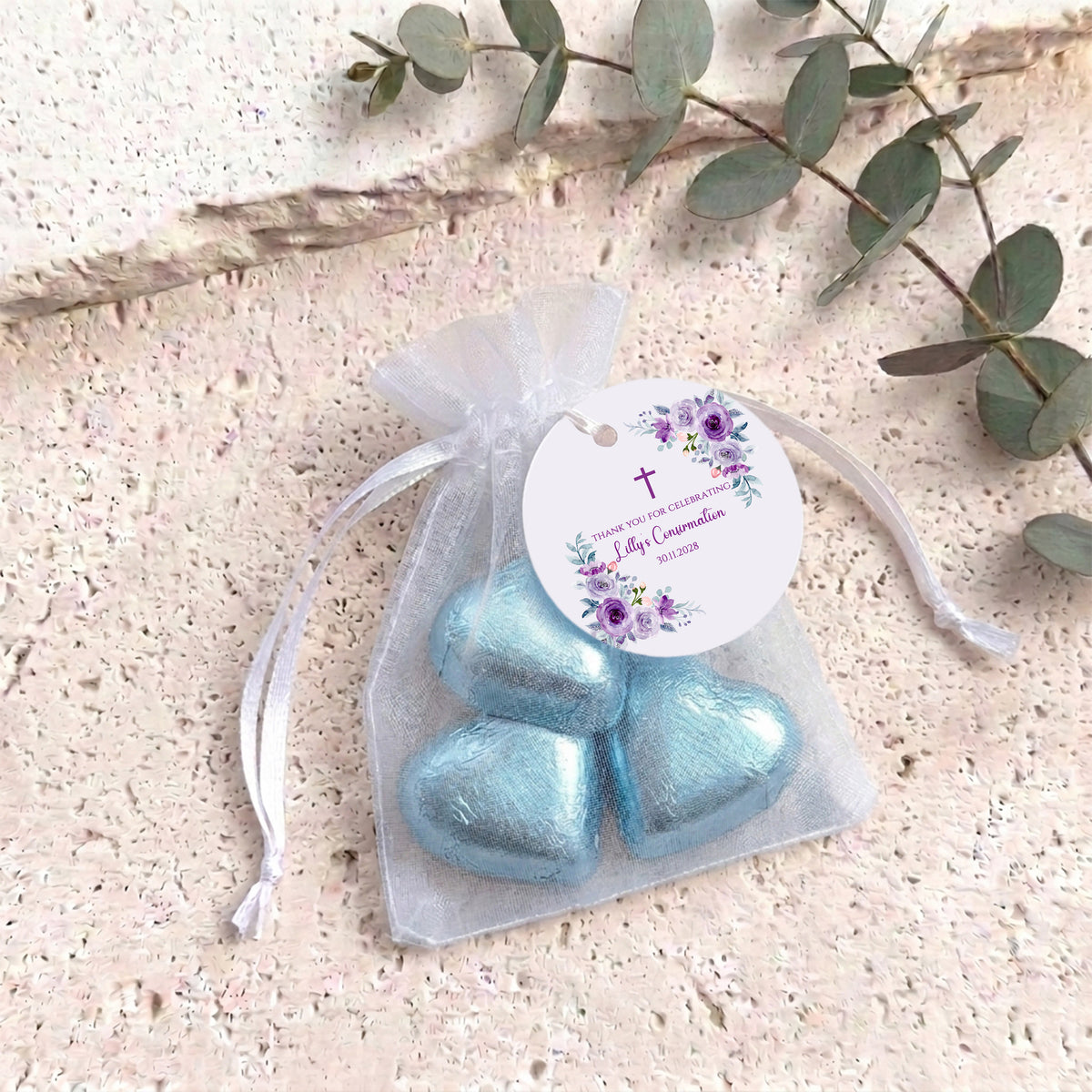 Pink Purple Roses Confirmation Personalised Organza Bags with Chocolate Hearts