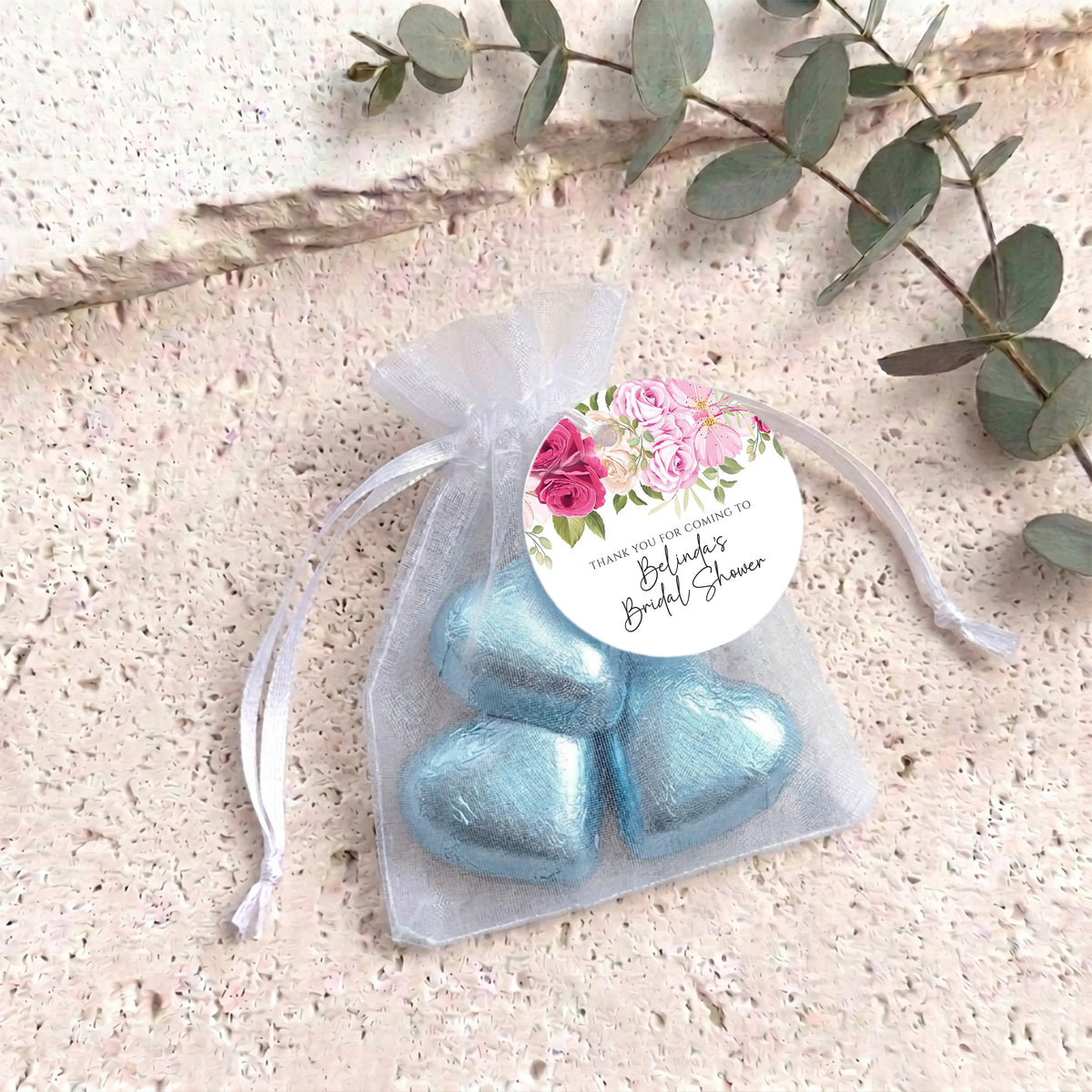 Pink Rose Waterfall Bridal Shower Personalised Organza Bags with Chocolate Hearts
