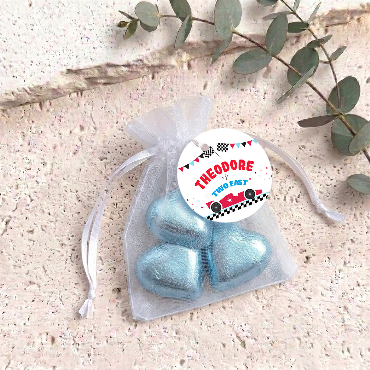 Race Car Two Fast Personalised Organza Bags with Chocolate Hearts