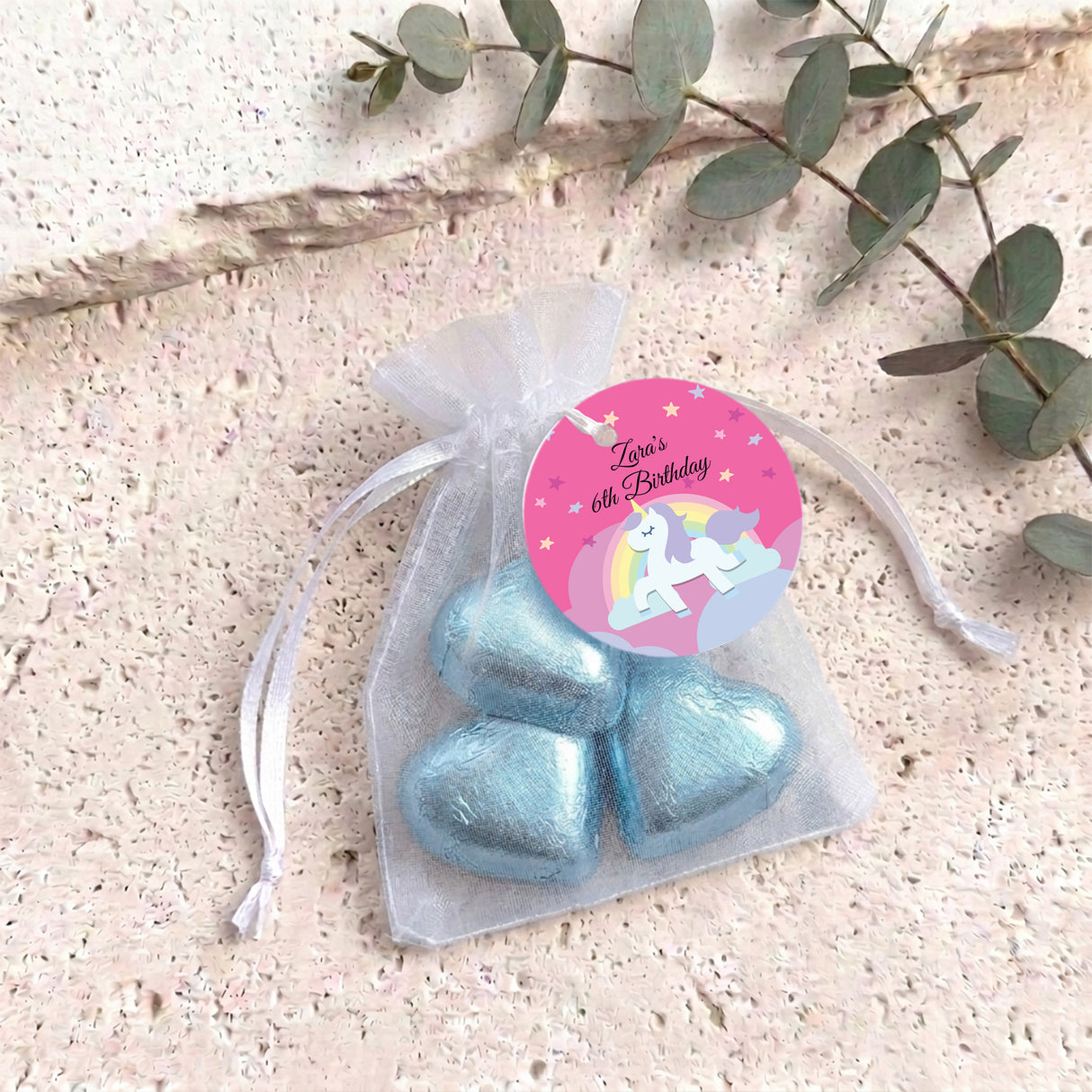 Rainbow Unicorn Girls Birthday Personalised Organza Bags with Chocolate Hearts