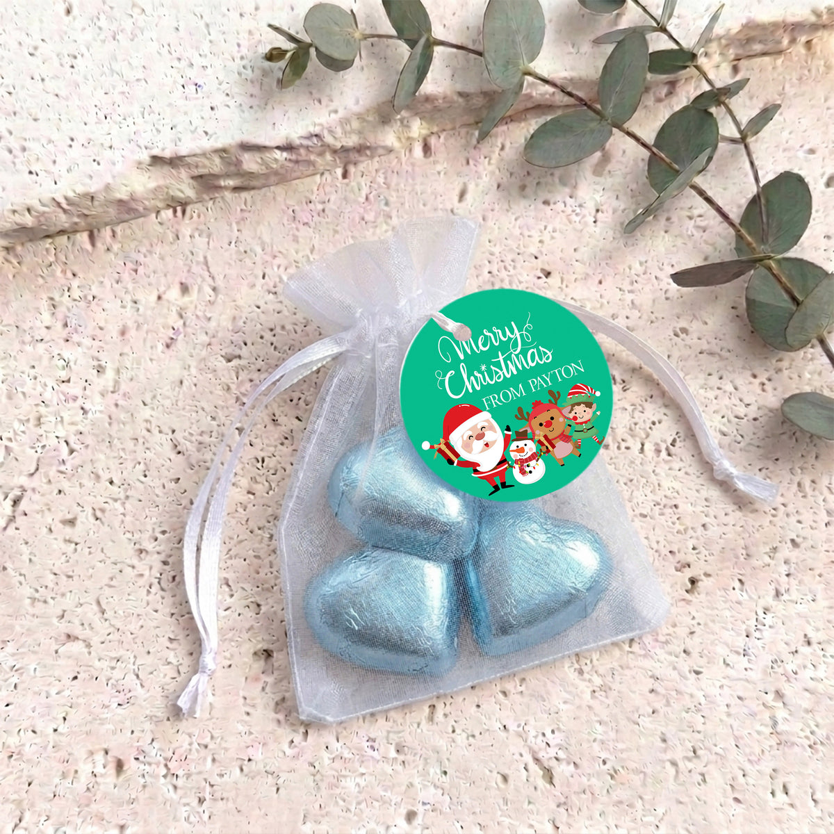 Merry Christmas Green Personalised Organza Bags with Chocolate Hearts
