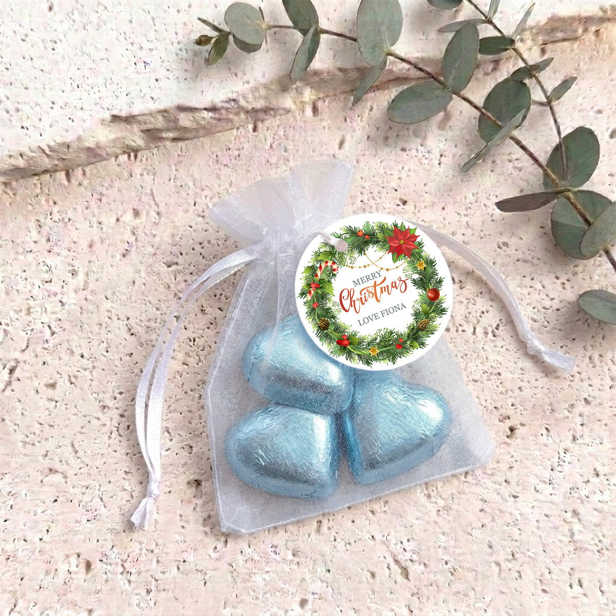 Christmas Wreath Personalised Organza Bags with Chocolate Hearts