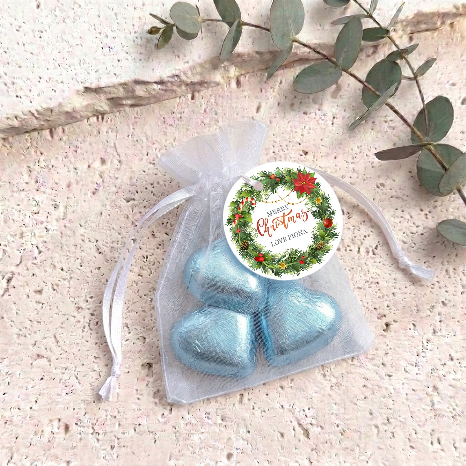 Christmas Wreath Personalised Organza Bags with Chocolate Hearts