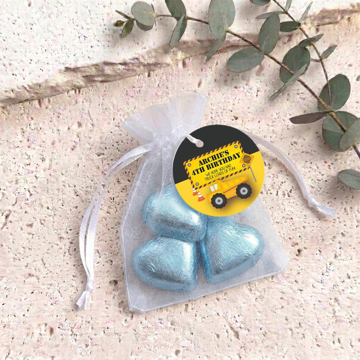 Trucks Diggers Birthday Personalised Organza Bags with Chocolate Hearts