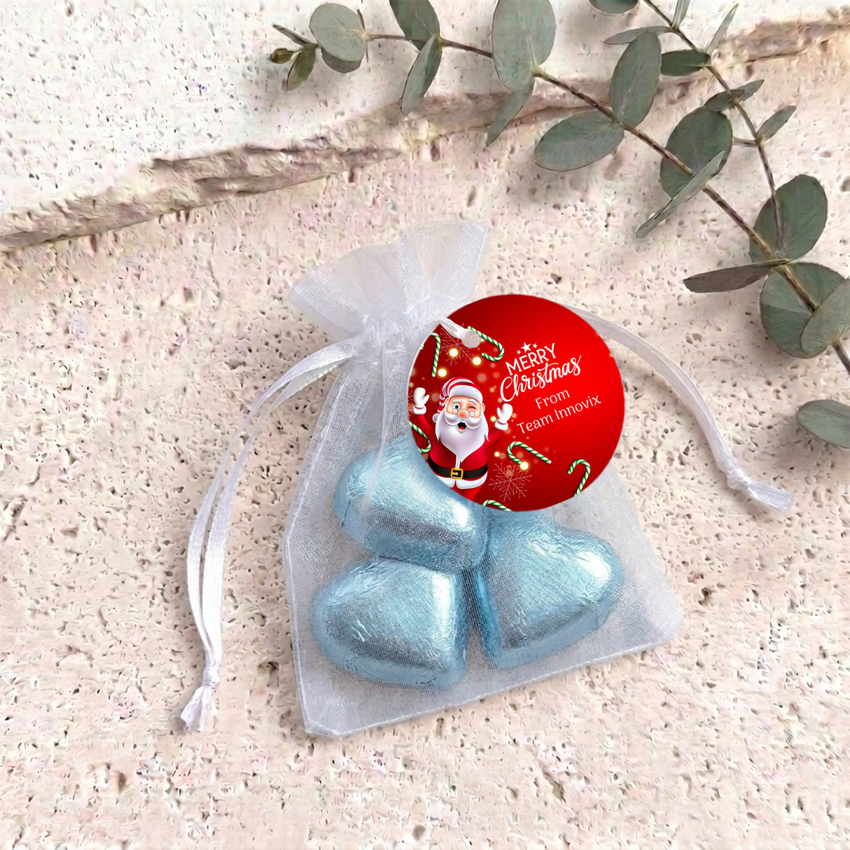 Waving Santa Personalised Organza Bags with Chocolate Hearts