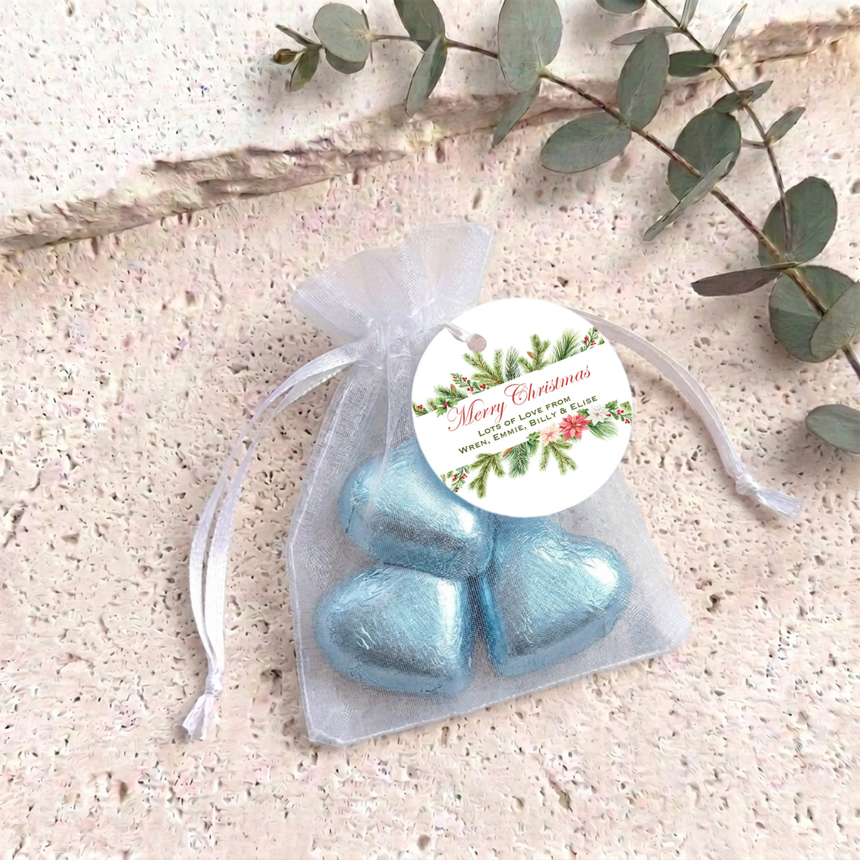 Watercolour Christmas Personalised Organza Bags with Chocolate Hearts