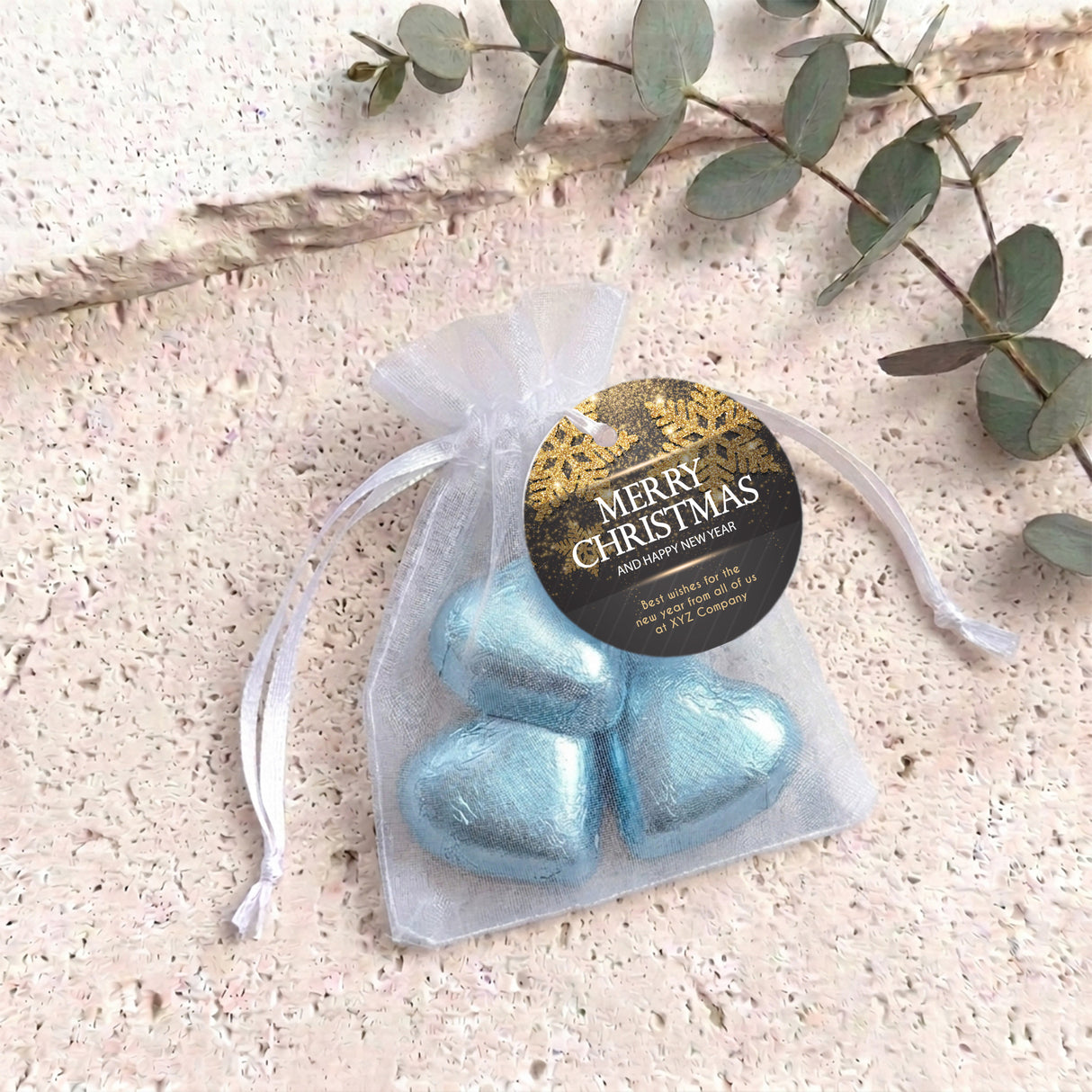 Christmas Gold Black Personalised Organza Bags with Chocolate Hearts
