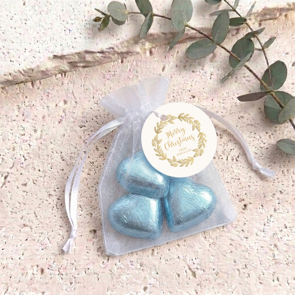 Christmas Gold Pine Personalised Organza Bags with Chocolate Hearts