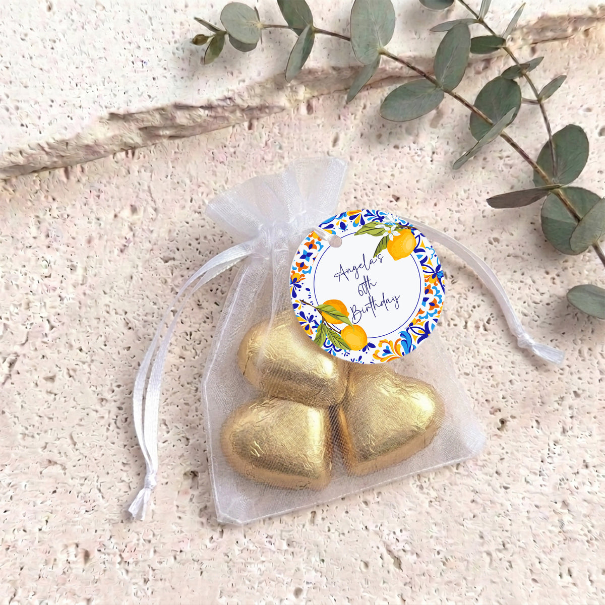Amalfi Lemons 60th Birthday Personalised Organza Bags with Chocolate Hearts