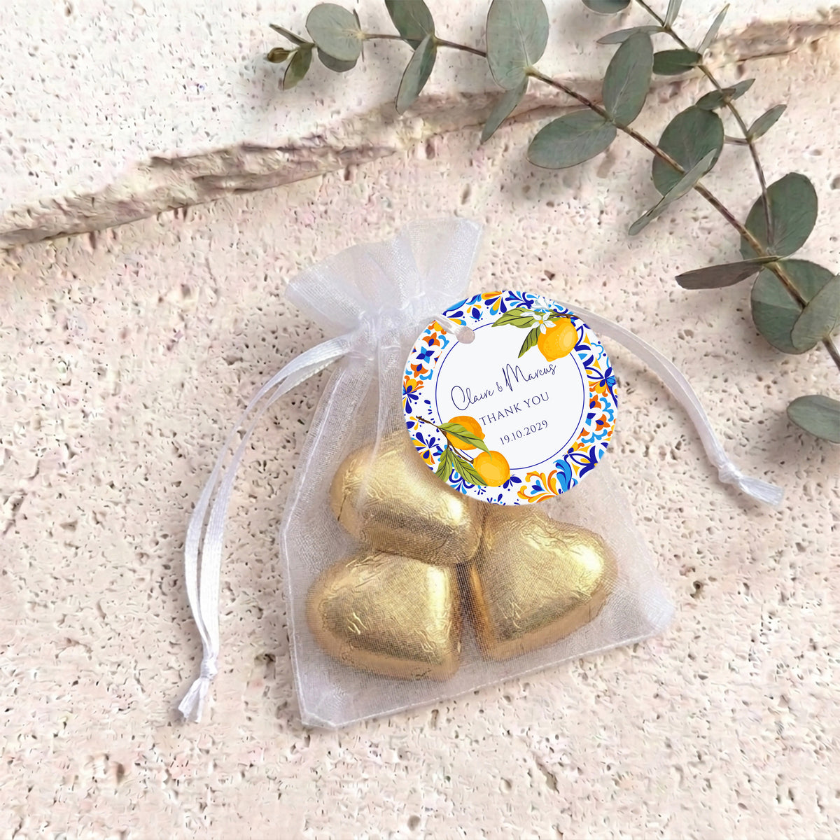 Amalfi Lemons Wedding Personalised Organza Bags with Chocolate Hearts