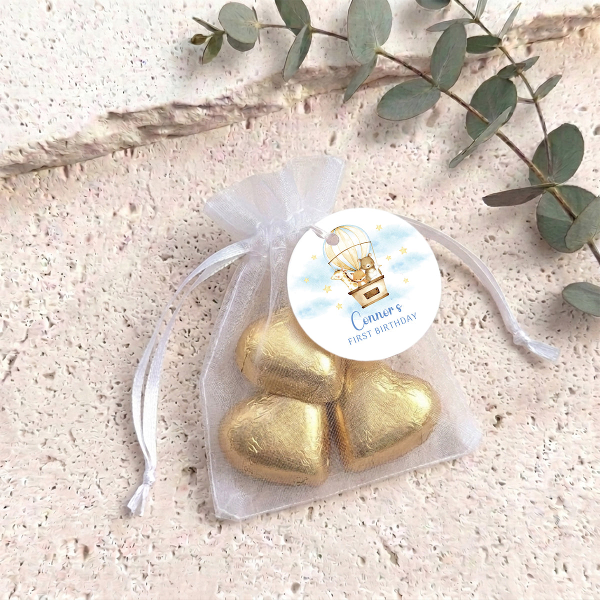 Animals In Hot Air Balloon First Birthday Personalised Organza Bags with Chocolate Hearts