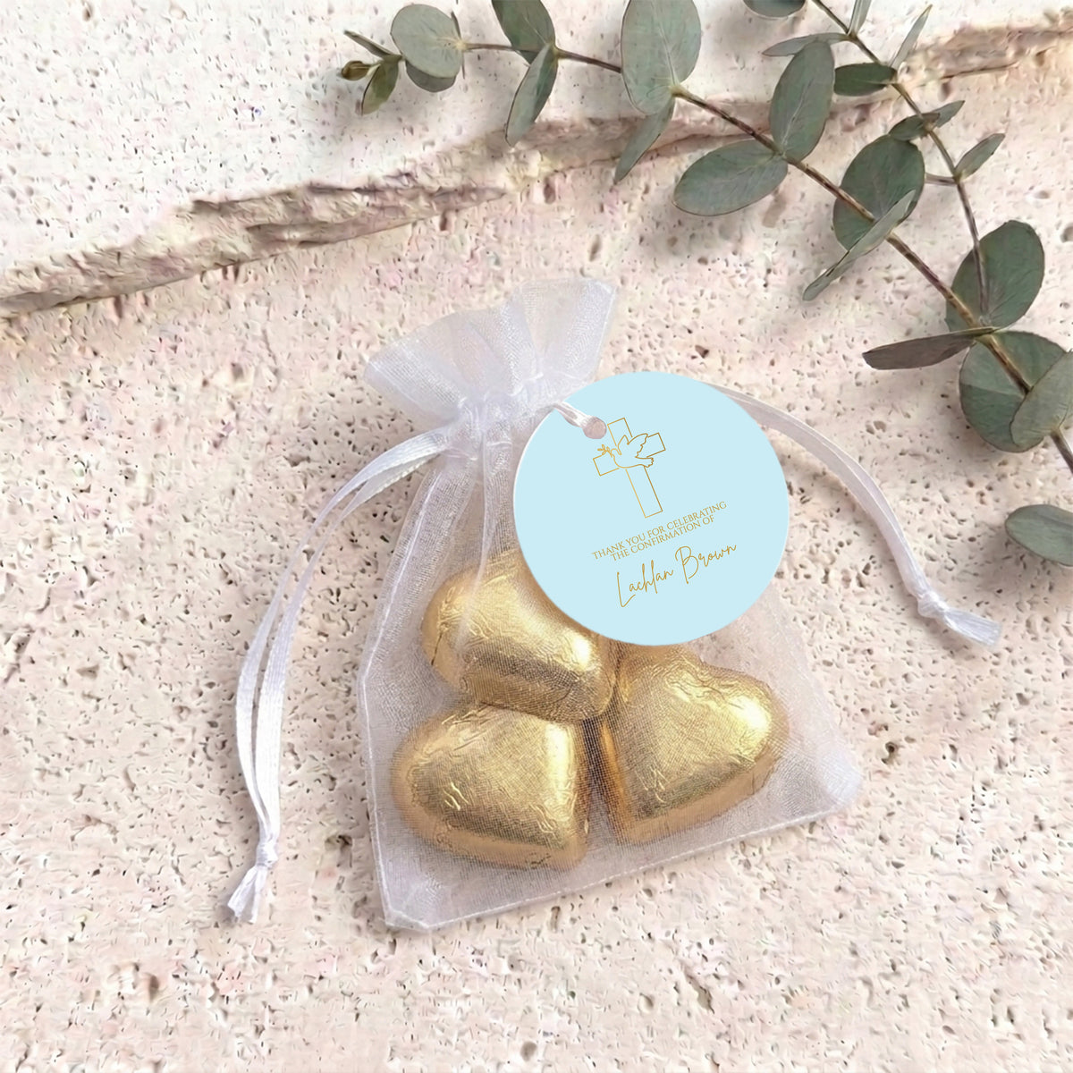 Blue Dove Cross Confimration Personalised Organza Bags with Chocolate Hearts