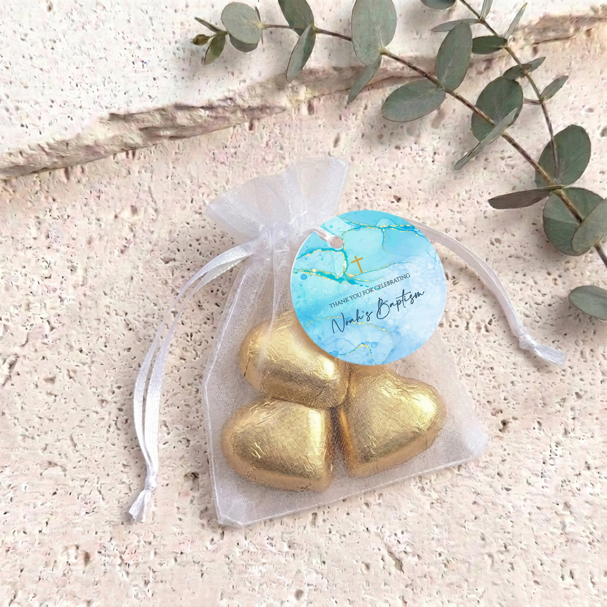 Blue Gold Cross Baptism Personalised Organza Bags with Chocolate Hearts