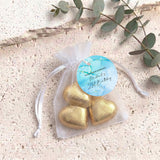 Blue Gold Marble Adult Birthday Personalised Organza Bags with Chocolate Hearts