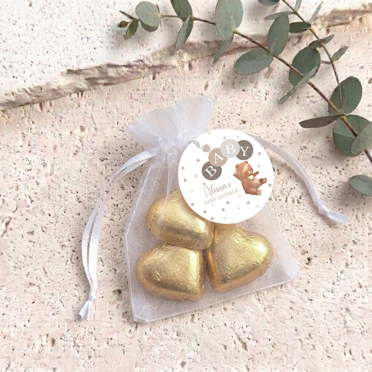 Brown Bear Balloons Baby Shower Personalised Organza Bags with Chocolate Hearts