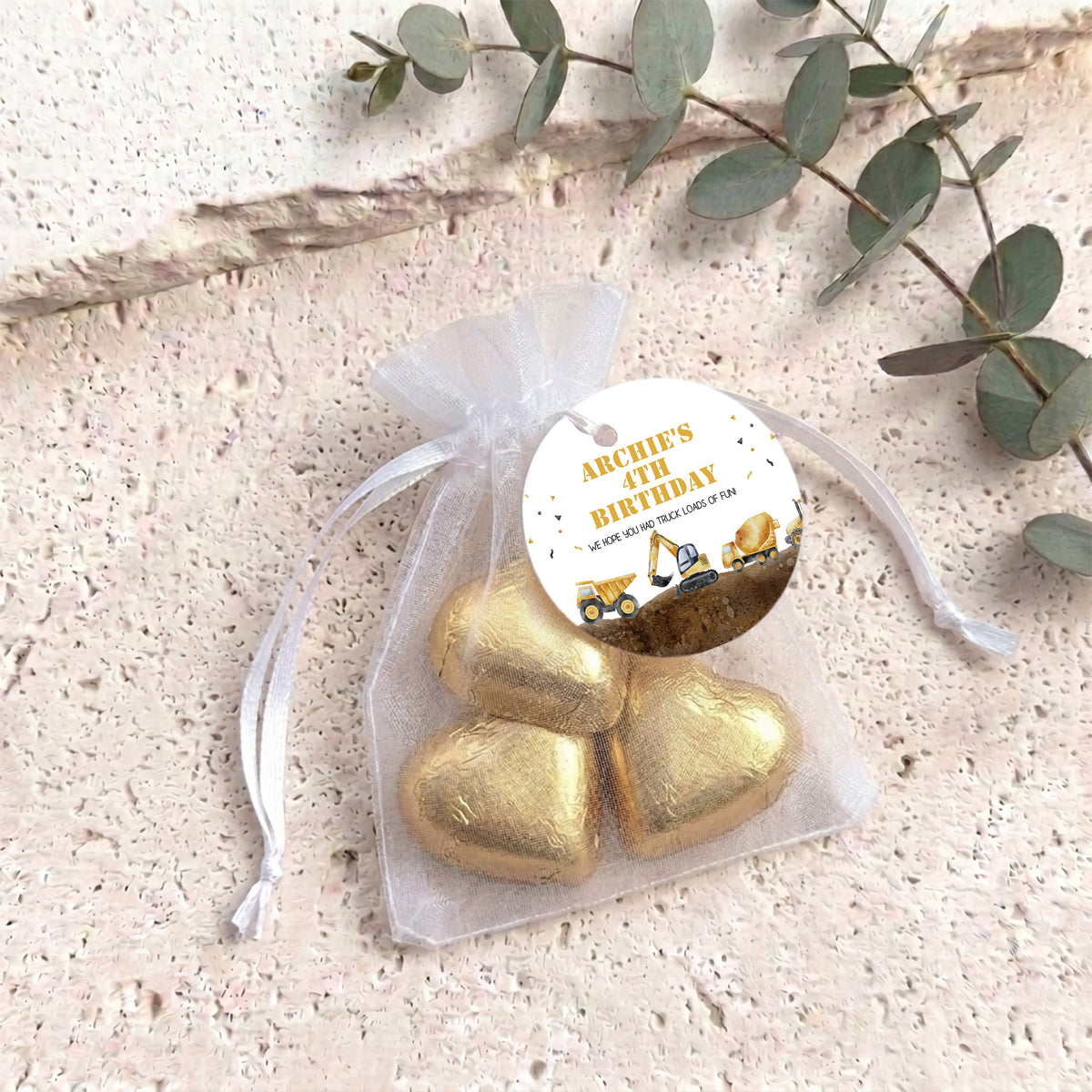 Construction Trucks Personalised Organza Bags with Chocolate Hearts