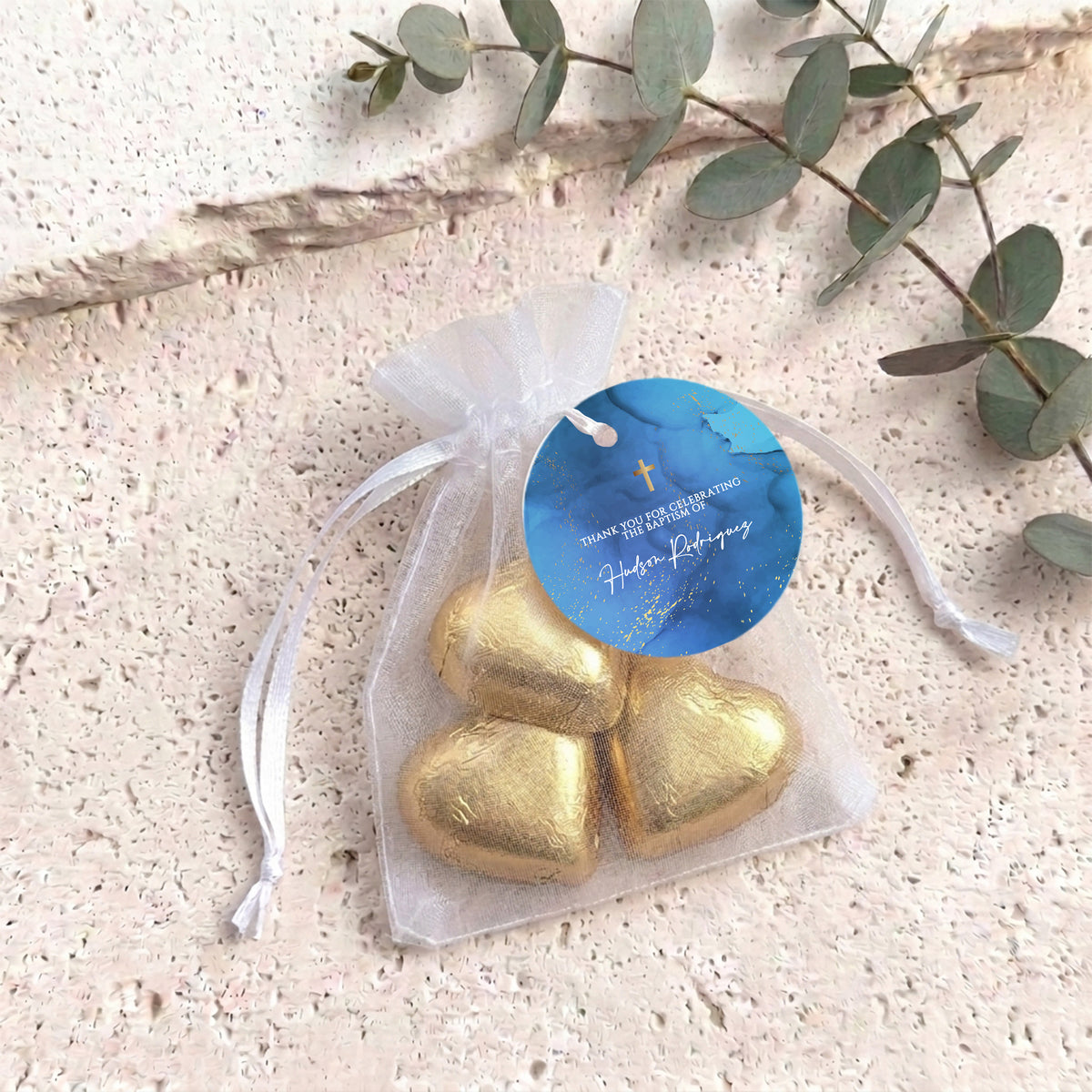 Deep Blue Gold Cross Christening Personalised Organza Bags with Chocolate Hearts