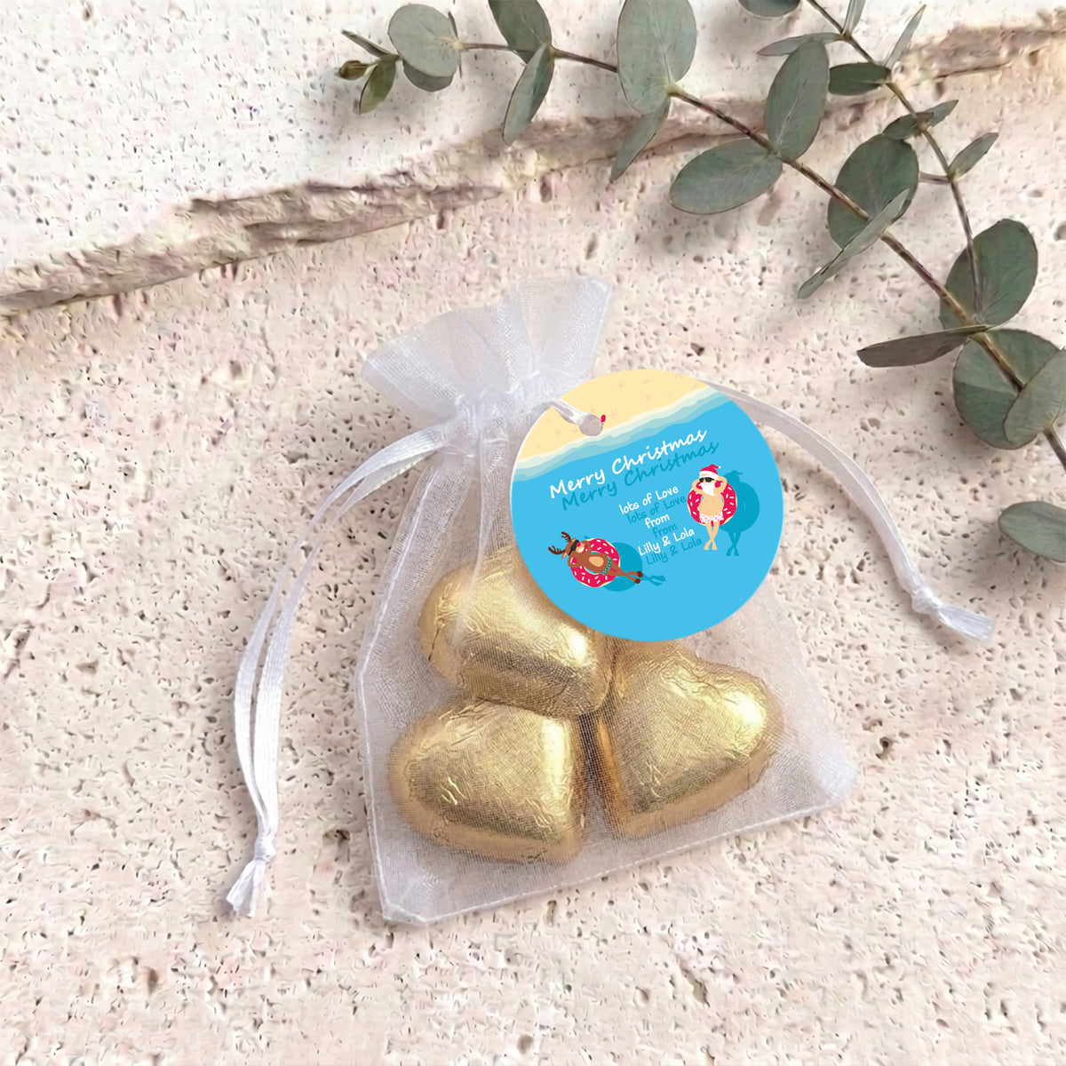 Donut Santa Personalised Organza Bags with Chocolate Hearts