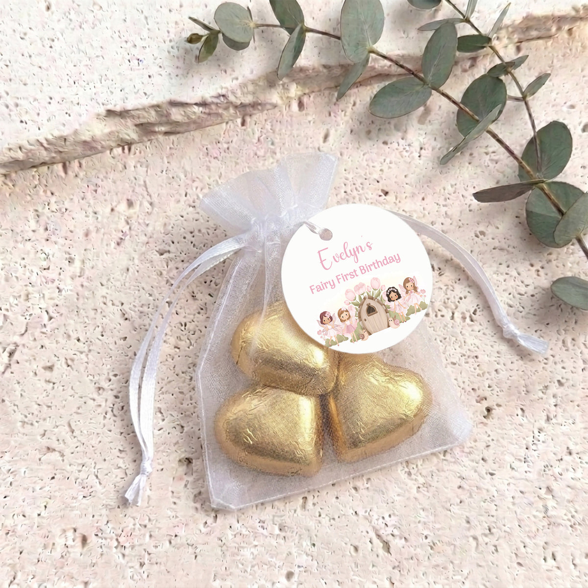 Fairy Birthday Chocolate Wrapper Personalised Organza Bags with Chocolate Hearts